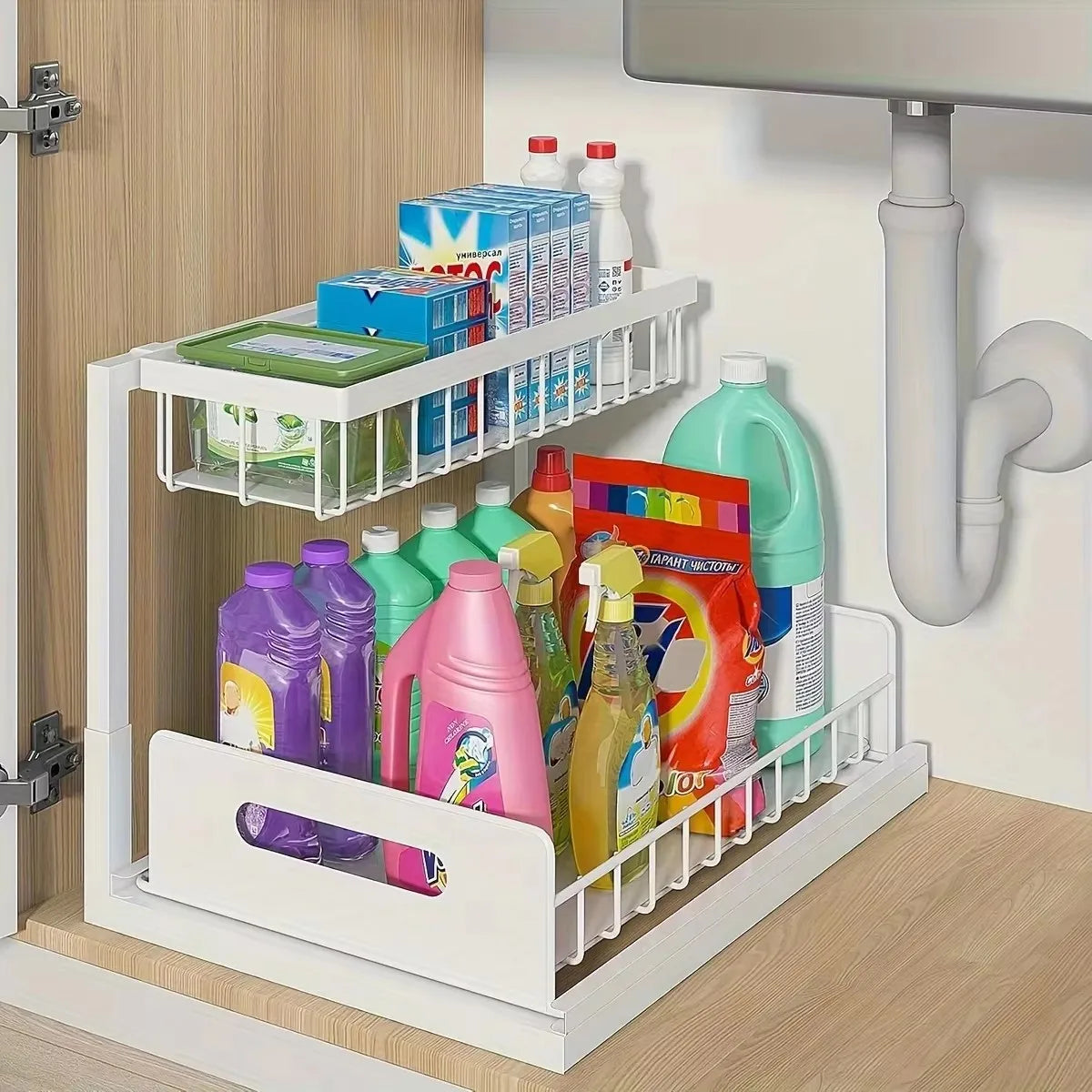 White under sink organizer full view