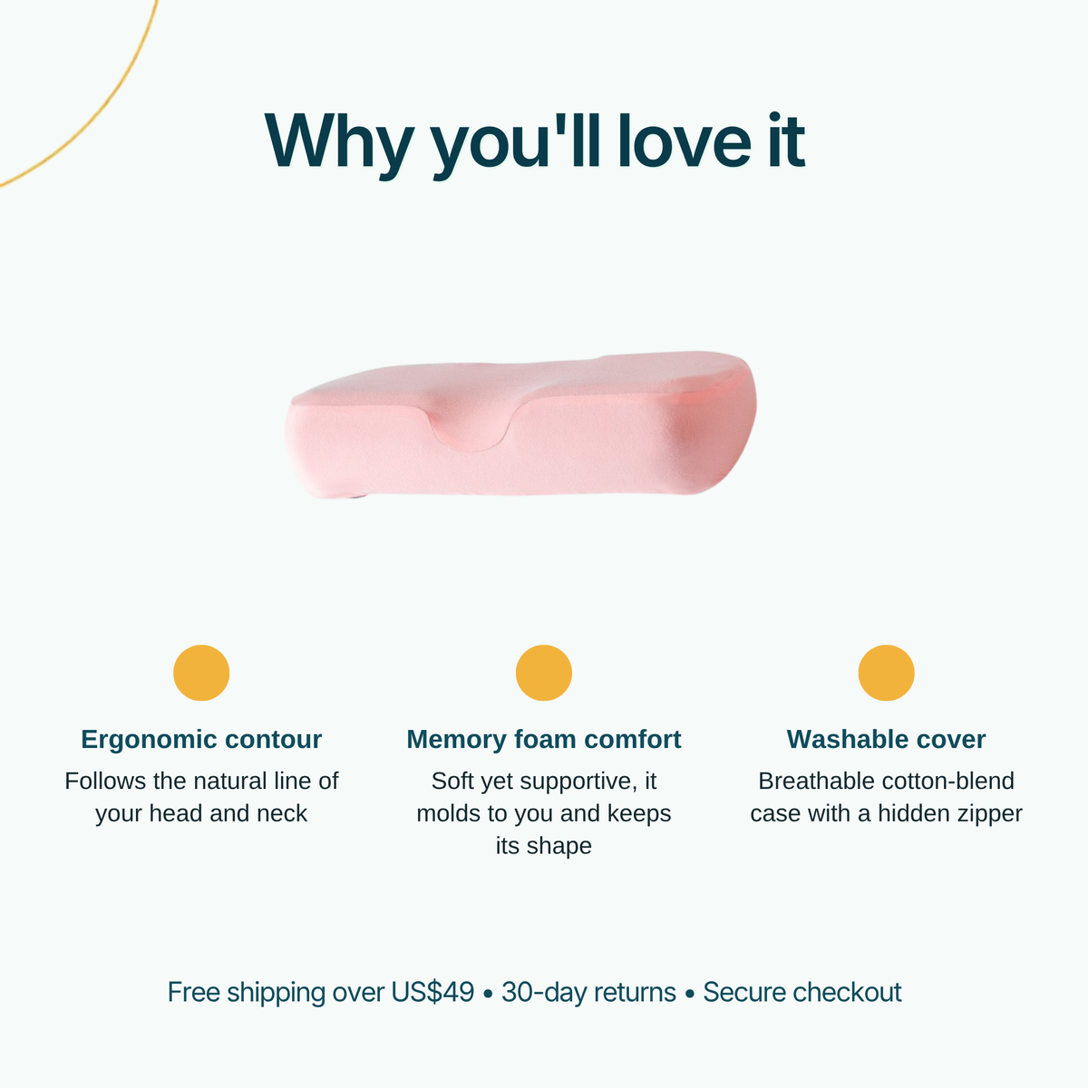 Cloud Contour Memory Foam Pillow benefits: ergonomic contour, memory foam comfort, washable cover