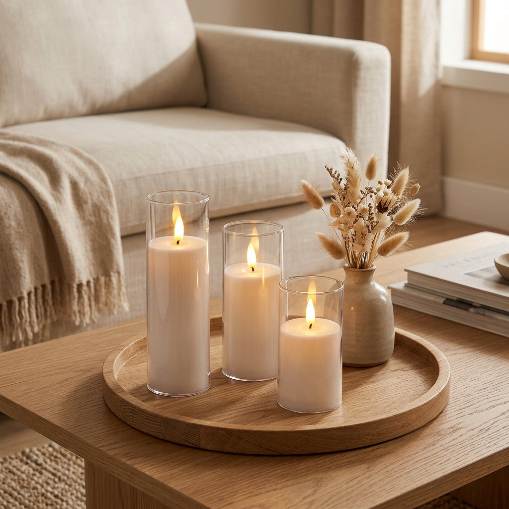 Three flickering flameless LED candles on a wooden tray in a cozy living room