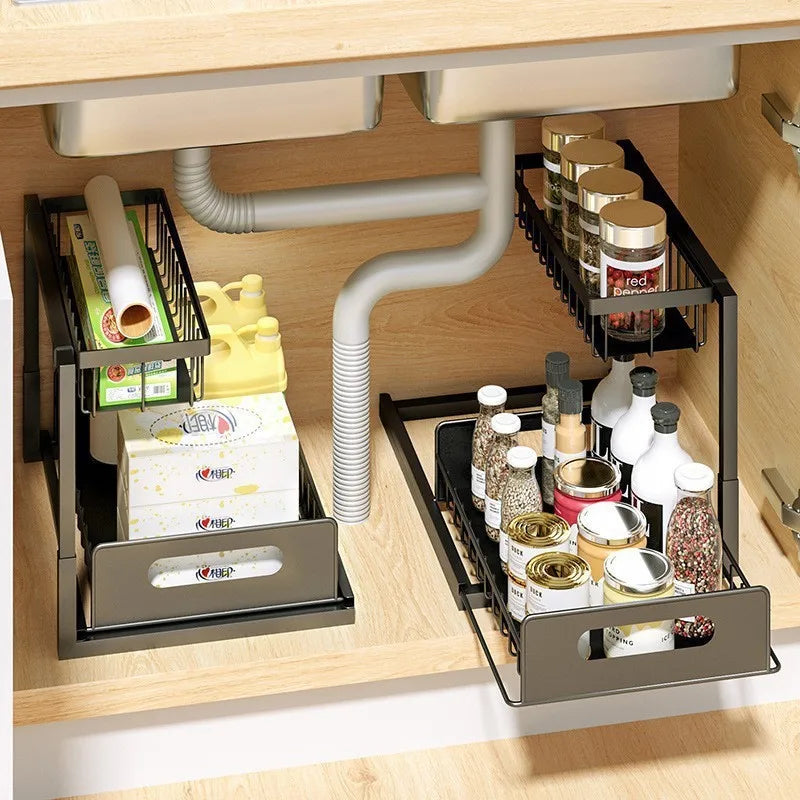 Sliding organizer in a bathroom cabinet