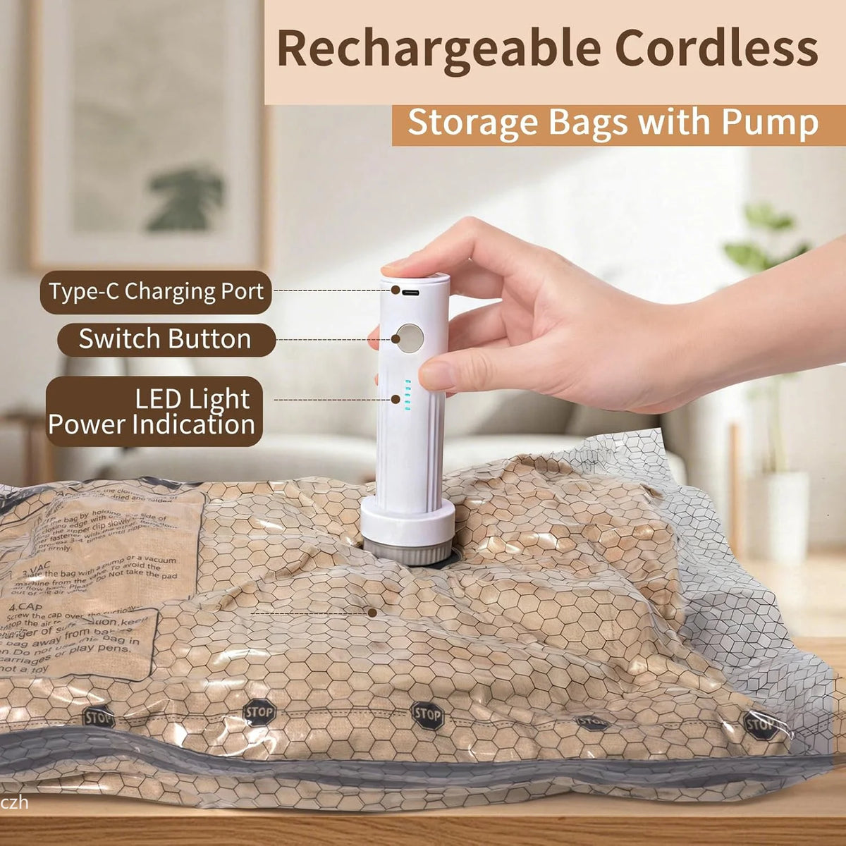 Rechargeable cordless pump compressing a storage bag