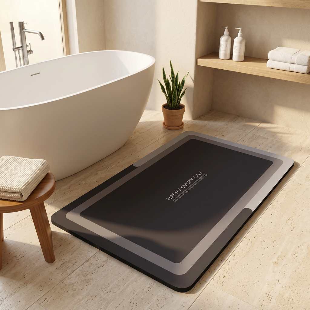 Quick-dry bath mat in Charcoal Frame on a warm beige bathroom floor next to a bathtub