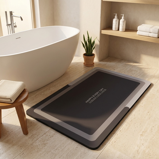 Quick-dry bath mat in Charcoal Frame on a warm beige bathroom floor next to a bathtub