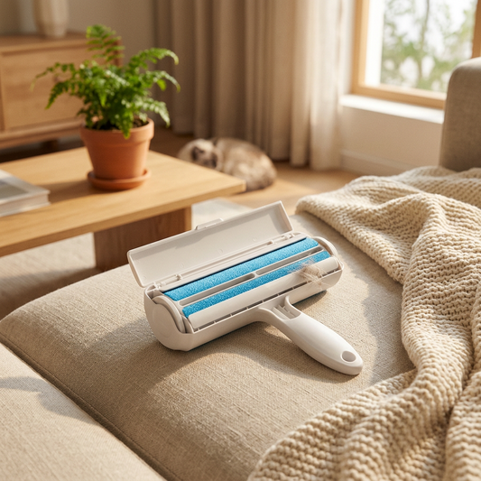 Reusable pet hair remover roller on a beige linen sofa in a cozy living room