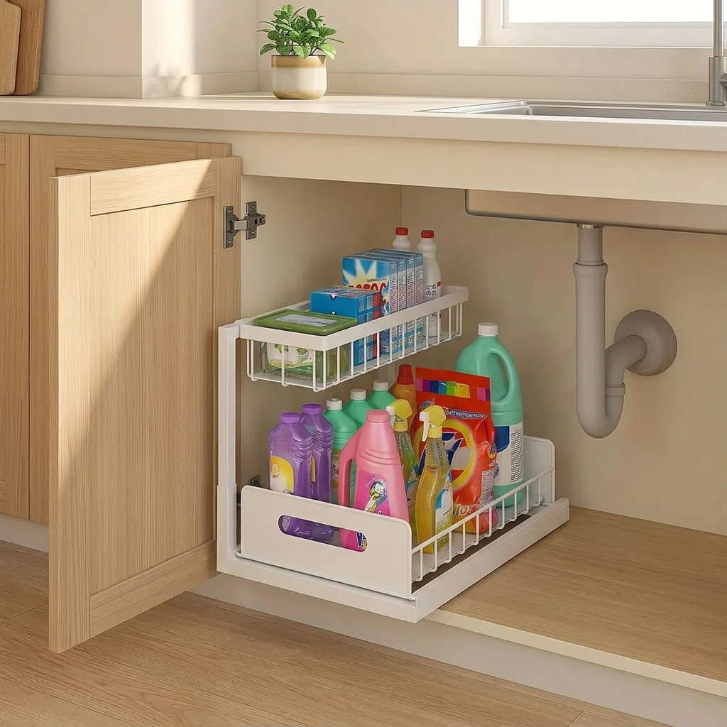 White 2-tier pull-out organizer under a sink in a warm minimalist kitchen