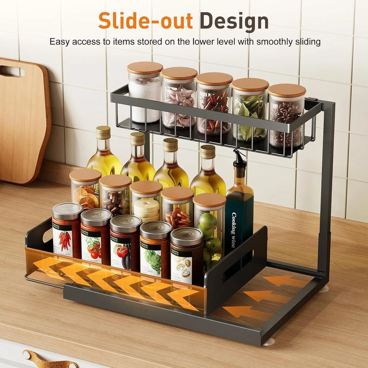 Slide-out design for spices and jars
