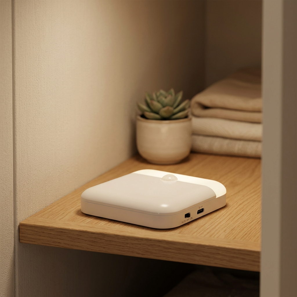Rechargeable motion sensor light on a wooden closet shelf in a warm minimalist home