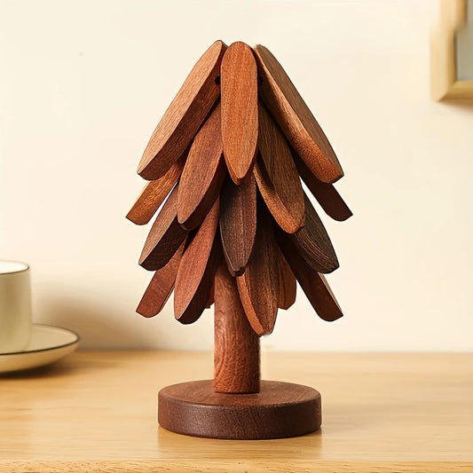 Walnut wooden tree trivet stand on a kitchen counter