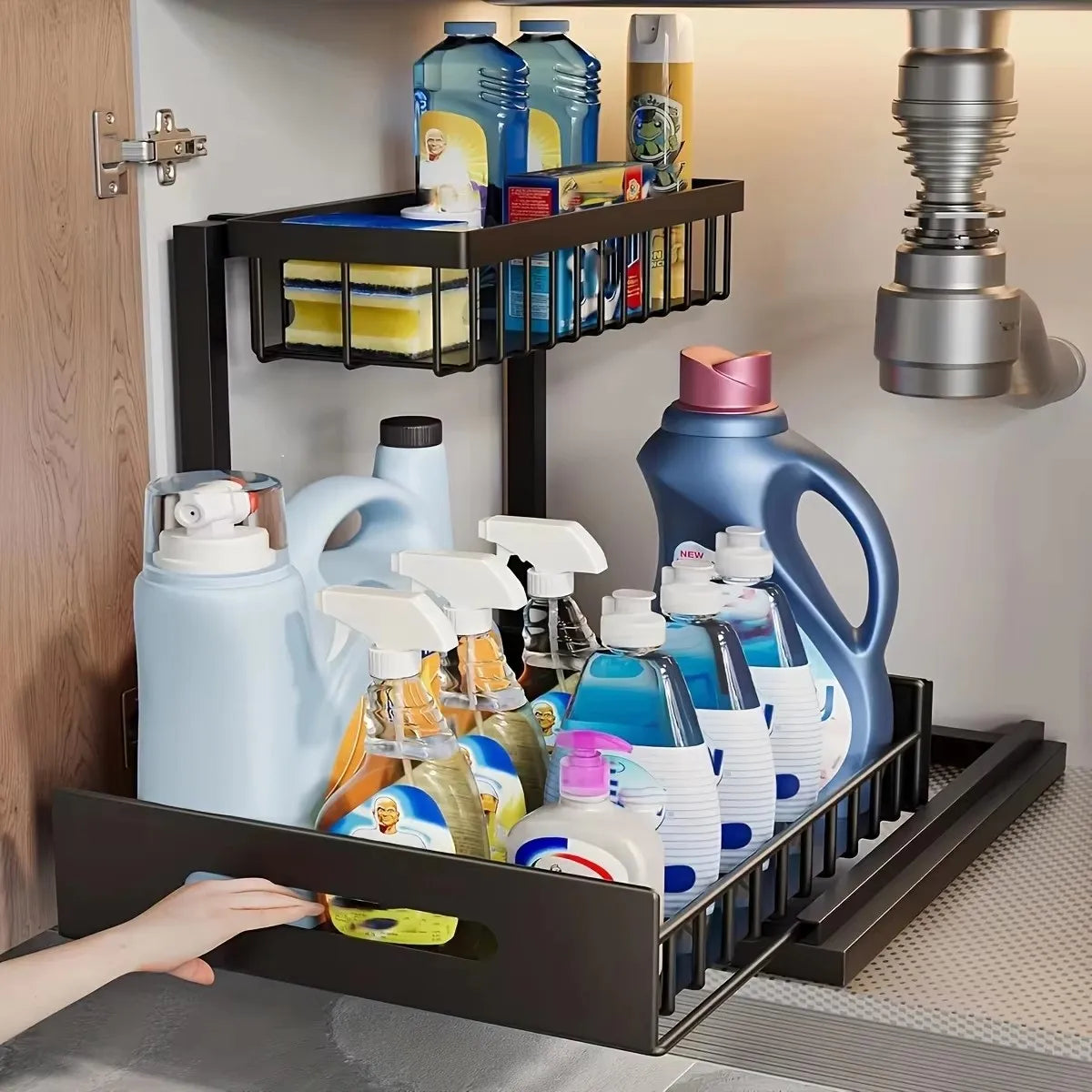 Black 2-tier pull-out under sink organizer sliding out